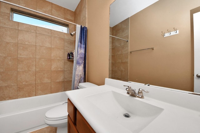 full bathroom with toilet, shower / bath combo, and vanity