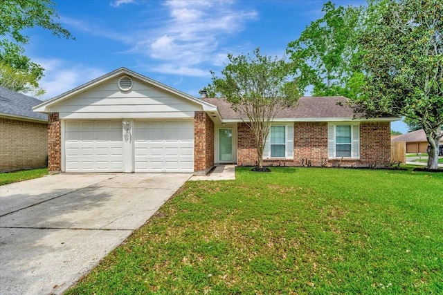 single story home with a front lawn, concrete driveway, brick siding, and a garage