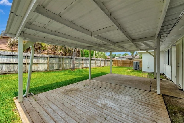 wooden deck featuring a yard and a fenced backyard