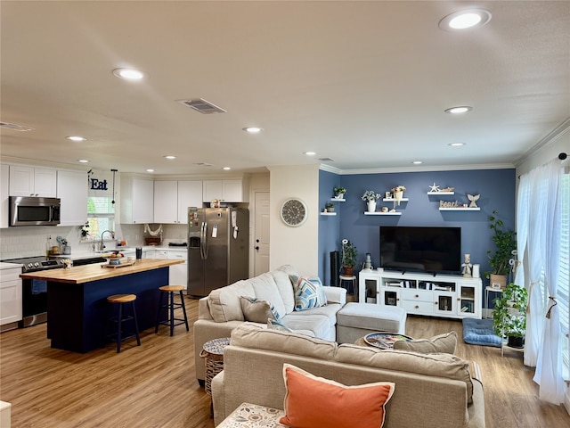 211 Southern Oaks Dr, Lake Jackson, TX 77566 - living area featuring a wealth of natural light, visible vents, light wood-type flooring, and crown molding