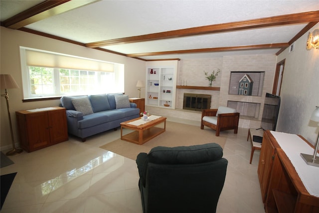 16514 Laurelfield Dr, Houston, TX 77059 - living room with beam ceiling, light tile patterned floors, a glass covered fireplace, and built in features