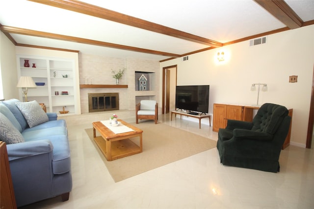 16514 Laurelfield Dr, Houston, TX 77059 - living area with a brick fireplace, beam ceiling, and built in shelves