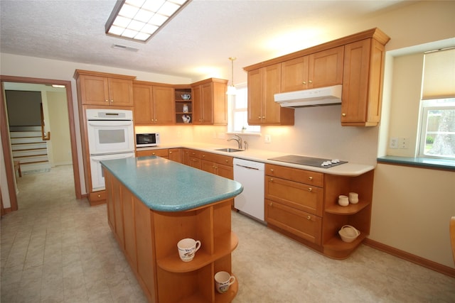 16514 Laurelfield Dr, Houston, TX 77059 - kitchen featuring open shelves, white appliances, under cabinet range hood, a sink, and healthy amount of natural light