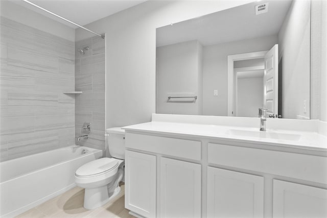 full bathroom featuring toilet, visible vents, shower / bath combination, and vanity