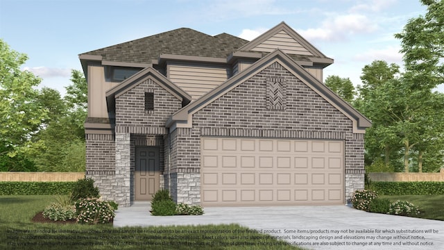 view of front of house with a garage, brick siding, concrete driveway, and stone siding