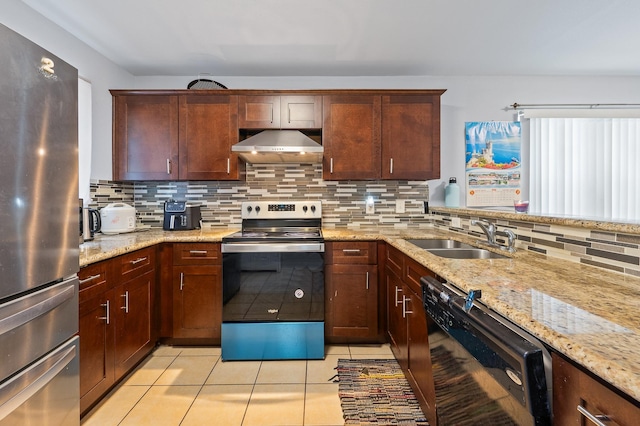 5930 Santa Bernadetta, Houston, TX 77017 - kitchen featuring decorative backsplash, light tile patterned floors, stainless steel appliances, under cabinet range hood, and a sink