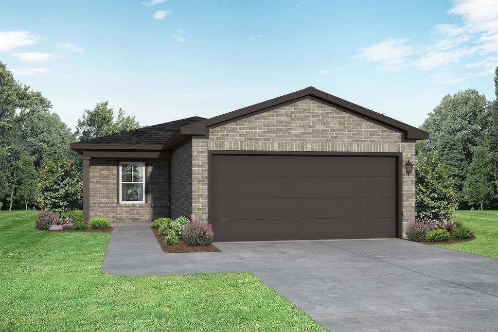 10935 Independence Rd, Cleveland, TX 77328 - single story home with brick siding, a front lawn, driveway, and an attached garage