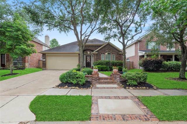 ranch-style house with brick siding, a shingled roof, a front lawn, concrete driveway, and an attached garage