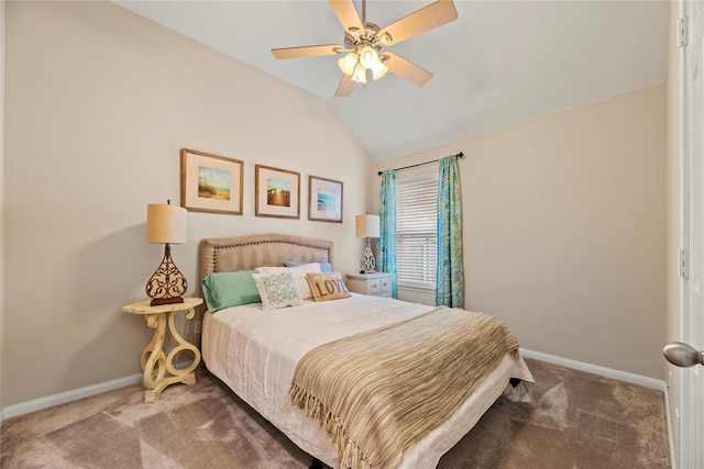 carpeted bedroom with baseboards, ceiling fan, and lofted ceiling