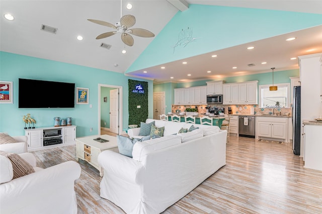 3347 Prides Way, Crystal Beach, TX 77650 - living room with recessed lighting, a ceiling fan, visible vents, and light wood-style flooring