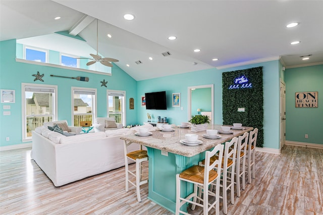 3347 Prides Way, Crystal Beach, TX 77650 - kitchen with visible vents, light wood-type flooring, a ceiling fan, and recessed lighting