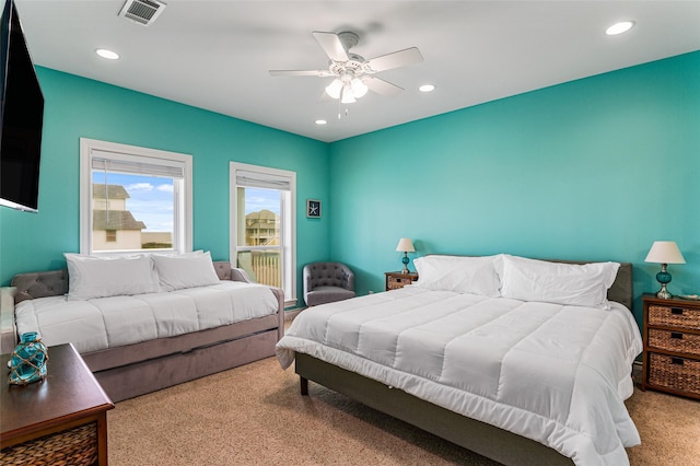 3347 Prides Way, Crystal Beach, TX 77650 - bedroom featuring recessed lighting, a ceiling fan, visible vents, and carpet floors