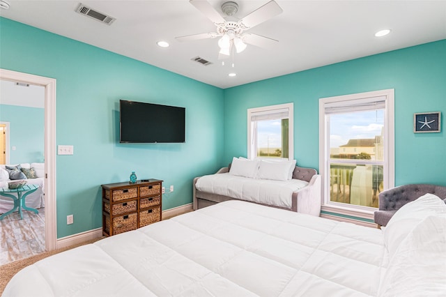 3347 Prides Way, Crystal Beach, TX 77650 - bedroom with visible vents, recessed lighting, a ceiling fan, and baseboards