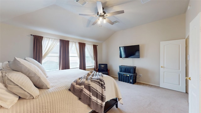 bedroom featuring visible vents, ceiling fan, vaulted ceiling, and light carpet