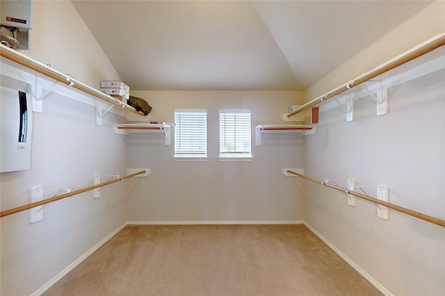 spacious closet with vaulted ceiling and light carpet
