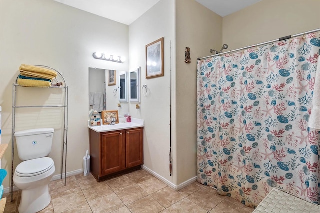 full bath featuring vanity, curtained shower, toilet, baseboards, and tile patterned flooring