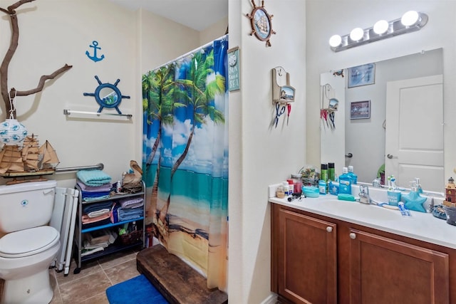 full bath featuring a shower with shower curtain, toilet, tile patterned flooring, and vanity