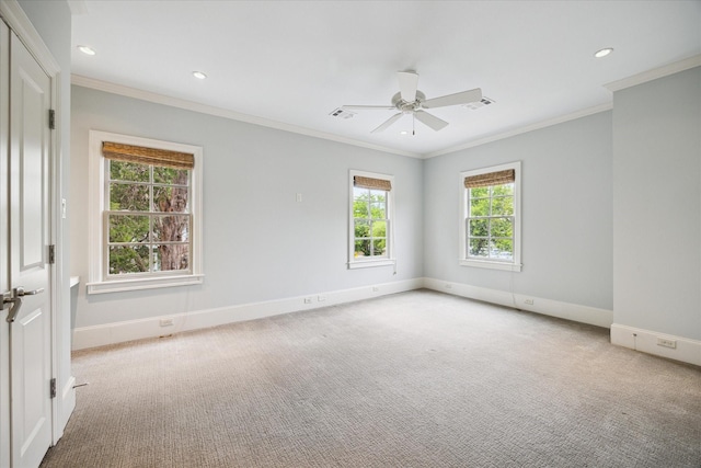 412 Redan St, Houston, TX 77009 - empty room with ceiling fan, baseboards, crown molding, carpet floors, and recessed lighting