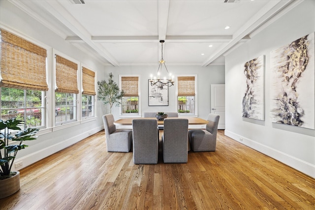 412 Redan St, Houston, TX 77009 - dining space with a chandelier, wood finished floors, coffered ceiling, beam ceiling, and baseboards