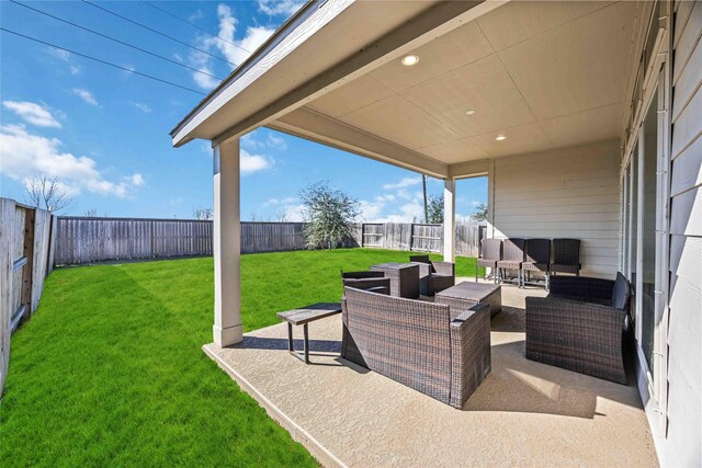 9306 Eckert Rd, Iowa Colony, TX 77583 - view of patio / terrace with an outdoor hangout area and a fenced backyard