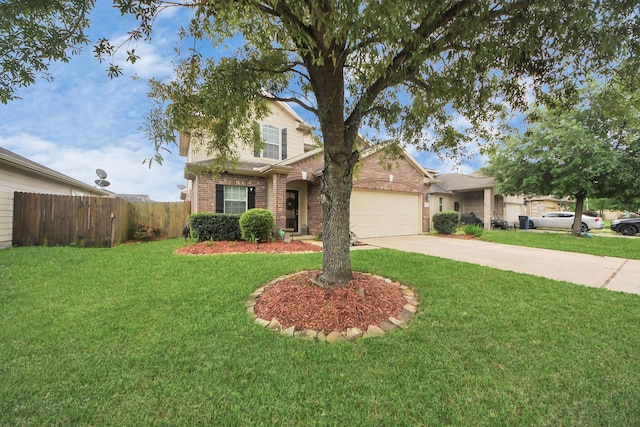 traditional-style home featuring brick siding, fence, a front lawn, and driveway