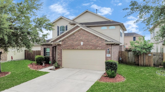 view of front of property featuring brick siding, driveway, a front yard, and fence