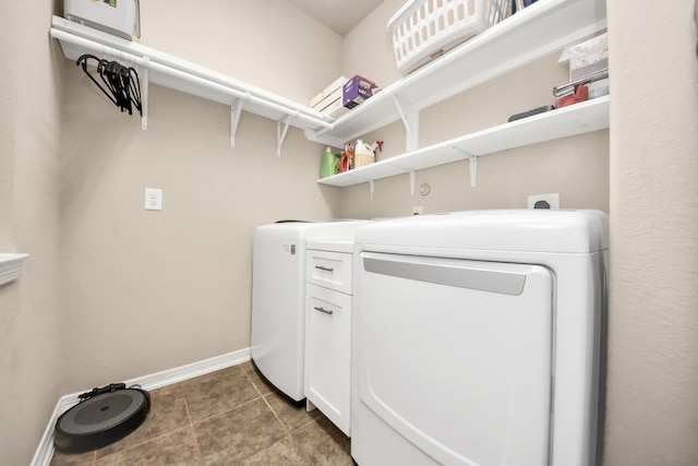 laundry area featuring tile patterned floors, baseboards, laundry area, and washer and clothes dryer