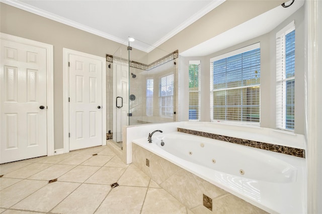 full bathroom with ornamental molding, a whirlpool tub, a shower stall, and tile patterned flooring