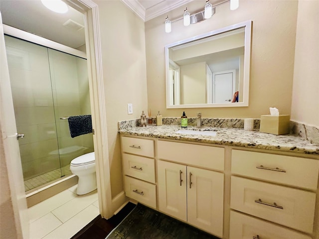 full bathroom with ornamental molding, a stall shower, toilet, and vanity