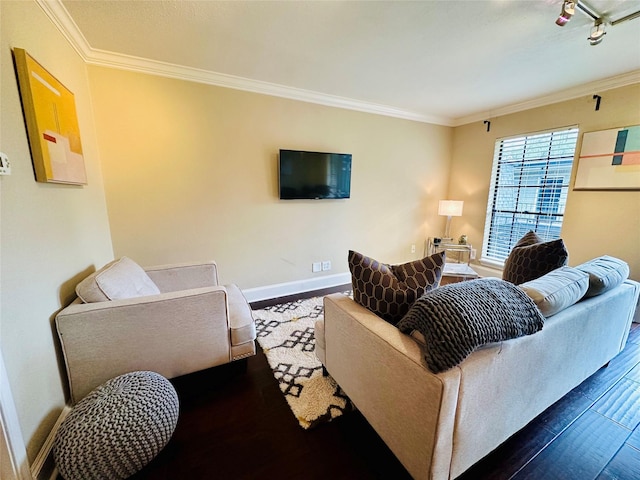 living area featuring crown molding, baseboards, and dark wood finished floors