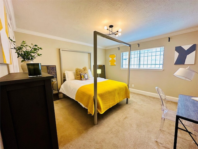 bedroom featuring a textured ceiling, light colored carpet, a chandelier, baseboards, and ornamental molding