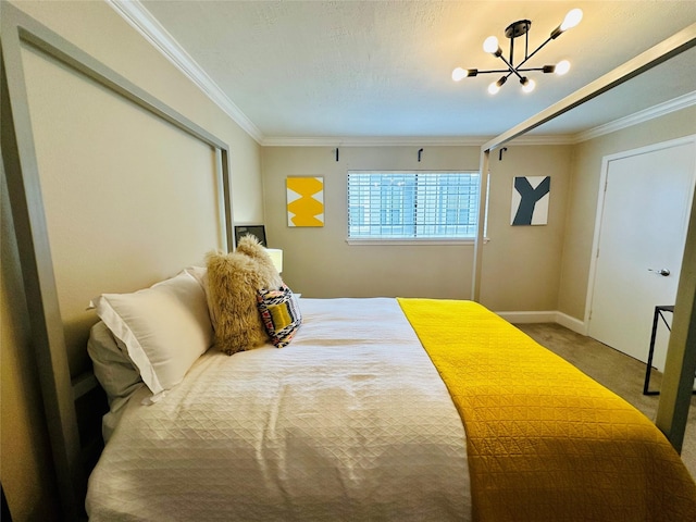 bedroom featuring carpet, crown molding, a notable chandelier, and baseboards