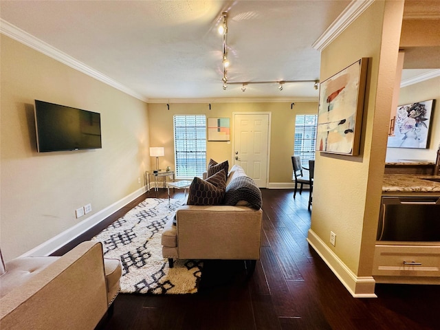 living room with ornamental molding, dark wood-style floors, rail lighting, and a wealth of natural light