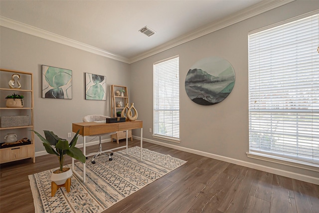 1510 Pecan Trace Ct, Sugar Land, TX 77479 - office space featuring wood finished floors, visible vents, crown molding, and baseboards