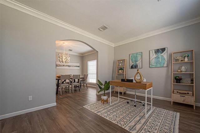 1510 Pecan Trace Ct, Sugar Land, TX 77479 - office area featuring wood finished floors, arched walkways, ornamental molding, baseboards, and visible vents