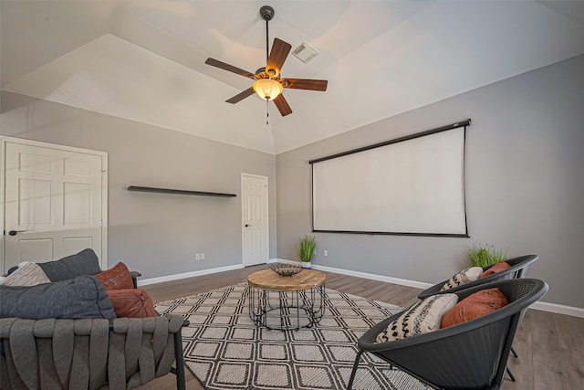 1510 Pecan Trace Ct, Sugar Land, TX 77479 - cinema room with ceiling fan, high vaulted ceiling, visible vents, baseboards, and wood finished floors