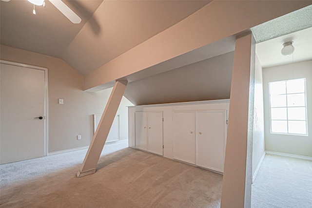1510 Pecan Trace Ct, Sugar Land, TX 77479 - bonus room featuring baseboards, ceiling fan, light colored carpet, and vaulted ceiling