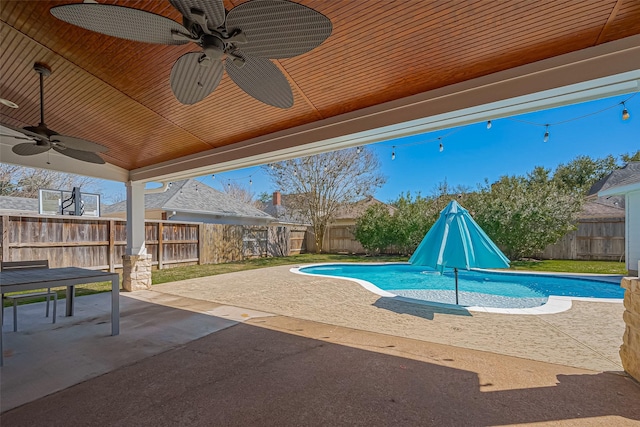 1510 Pecan Trace Ct, Sugar Land, TX 77479 - view of swimming pool with a patio, ceiling fan, a fenced backyard, and a fenced in pool
