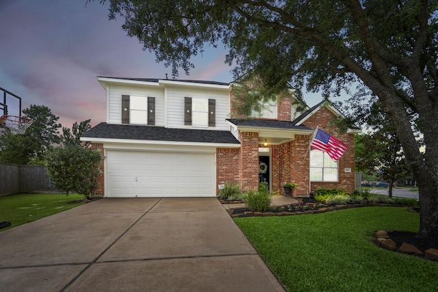 traditional home featuring concrete driveway, brick siding, an attached garage, a chimney, and a shingled roof