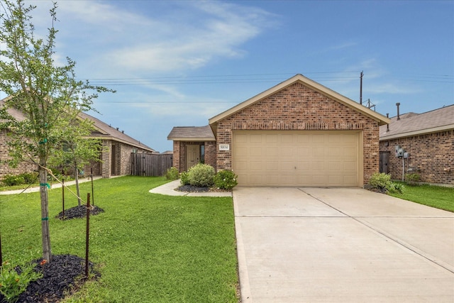 8834 Wooster Trails Dr, Baytown, TX 77521 - single story home with fence, an attached garage, brick siding, a front yard, and concrete driveway