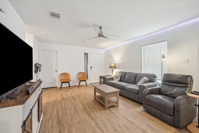 8834 Wooster Trails Dr, Baytown, TX 77521 - living area featuring ceiling fan, visible vents, and light wood finished floors