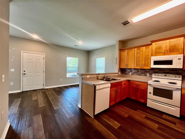 kitchen with a sink, dark wood-style flooring, a peninsula, backsplash, and white appliances