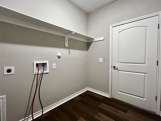 clothes washing area with dark wood-style flooring, laundry area, electric dryer hookup, hookup for a washing machine, and baseboards
