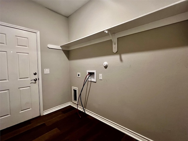 laundry area with dark wood-style floors, hookup for an electric dryer, washer hookup, laundry area, and baseboards
