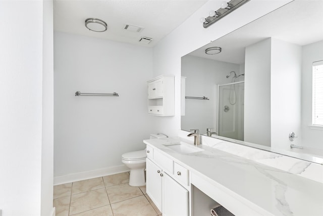 full bath featuring visible vents, vanity, toilet, tile patterned floors, and a shower stall