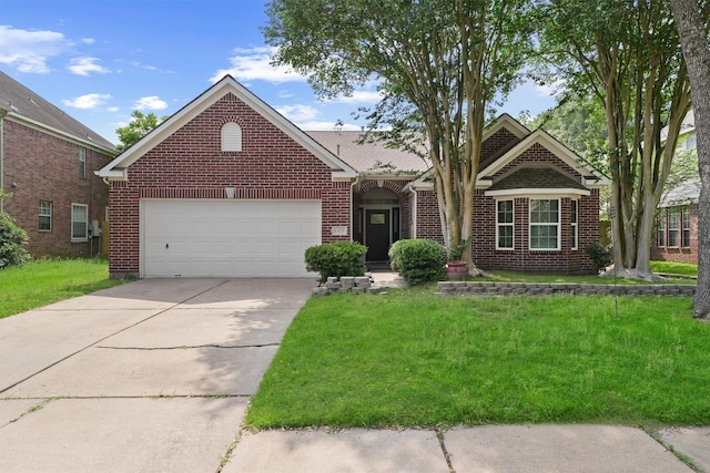 view of front facade with concrete driveway, a garage, a front lawn, and brick siding