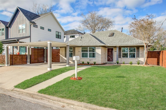 view of front of home featuring fence, roof with shingles, a carport, and a front yard