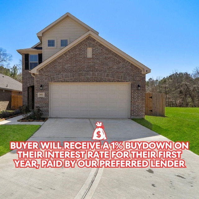 9993 Mountain Lion Ln, Magnolia, TX 77354 - exterior space with a garage, brick siding, fence, and concrete driveway