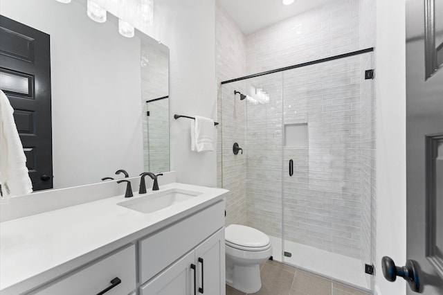 full bathroom featuring a stall shower, toilet, recessed lighting, vanity, and tile patterned flooring