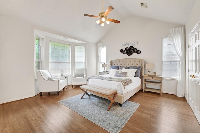 5127 Plantation Colony Dr, Sugar Land, TX 77478 - bedroom with hardwood / wood-style floors, ceiling fan, high vaulted ceiling, and baseboards